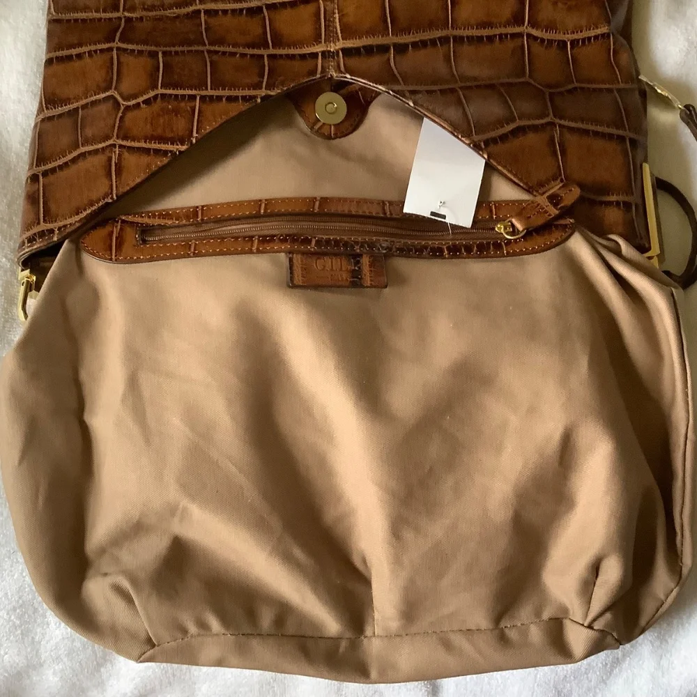 G.I.L.I. Leather North/South Hobo Bag Tote Brown Croc SZ Large